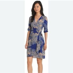 BCBGMaxAzria Adele Printed Royal Blue Roll Tab Wrap Dress